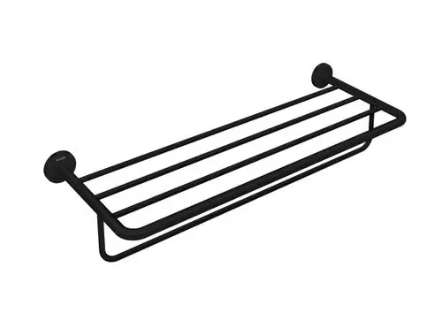Schwarze Handtuchablage mit mehreren horizontalen Haltestangen, montiert an zwei runden Wandhaltern. Produkt von AXOR.